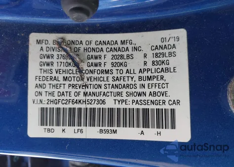 2019 Honda Civic Lx z USA, uszkodzony, nr VIN 2HGFC2F64KH527306